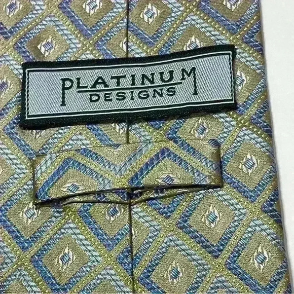 Platinum Designs Hand Made 100% Silk Men’s Necktie Geometric Blue & Tan Long Tie - Picture 3 of 6